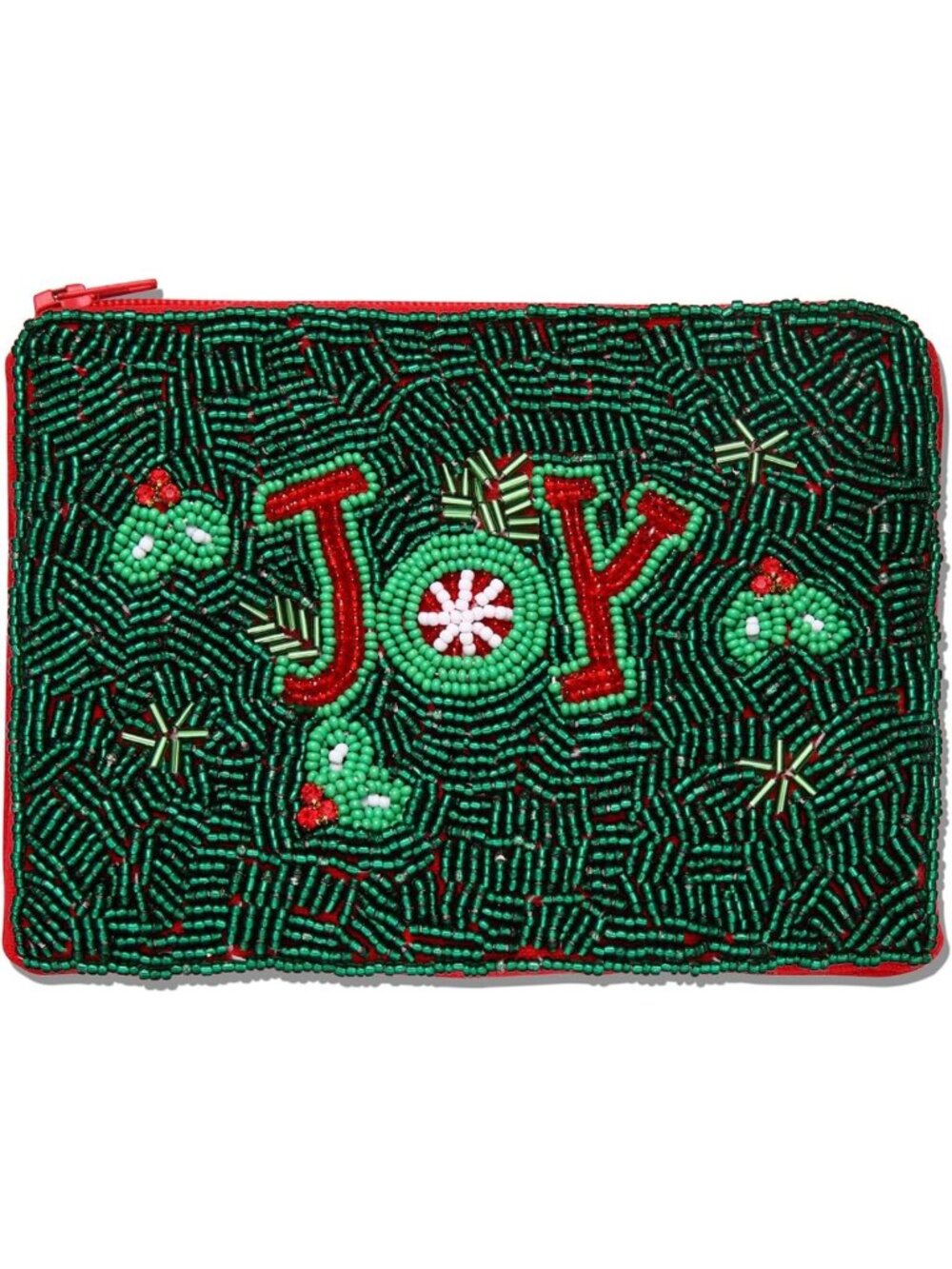Handmade Christmas Coin Purse - Beaded Holly Jolly Wallet for Women, Zipper